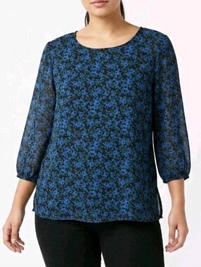 Forever 21 Floral Top Womens L Black‎ Blue Office Botanical Romantic Cottagecore